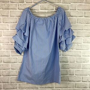Style Envy Blue White Striped Dress Puff Ruffle 3/4 Sleeve Length Women’s Medium